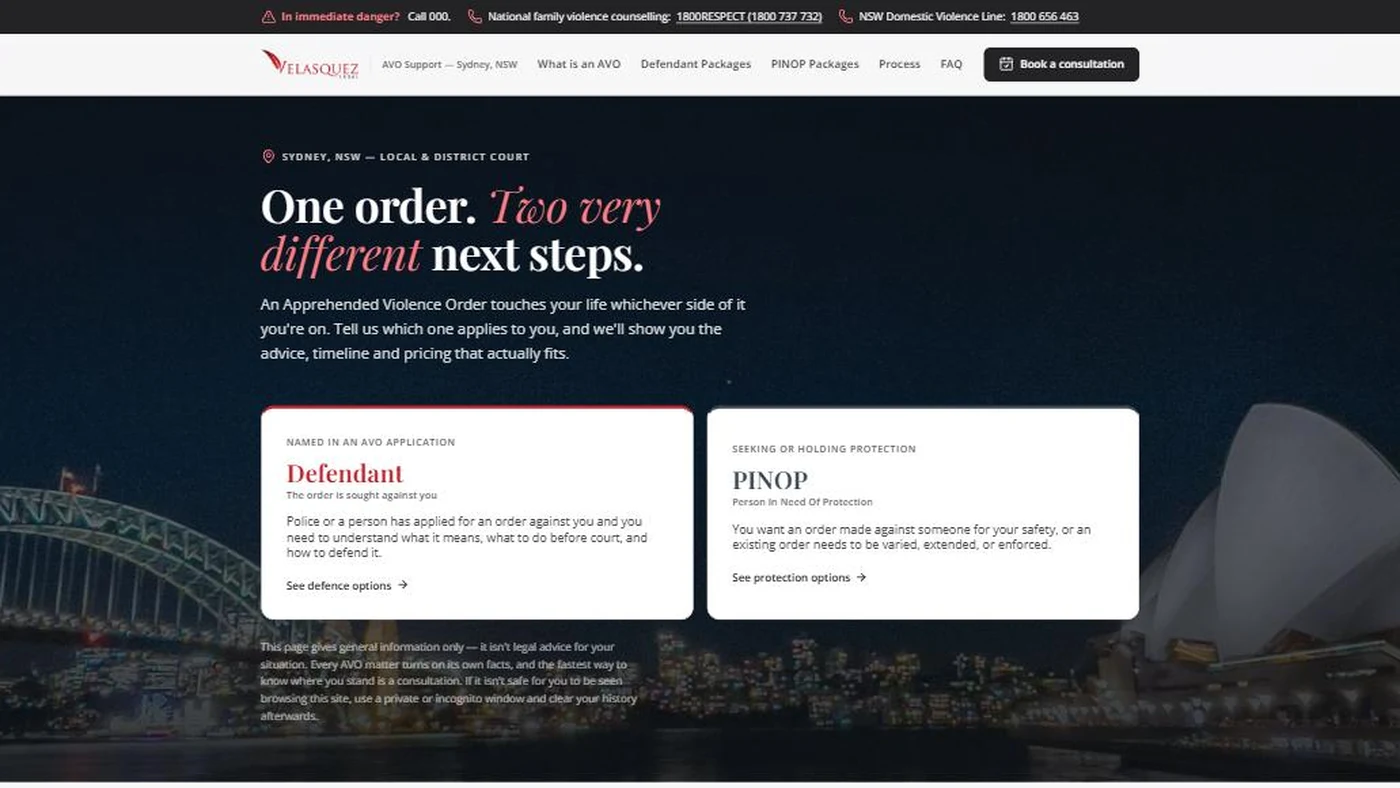 Velasquez Legal AVO support site homepage